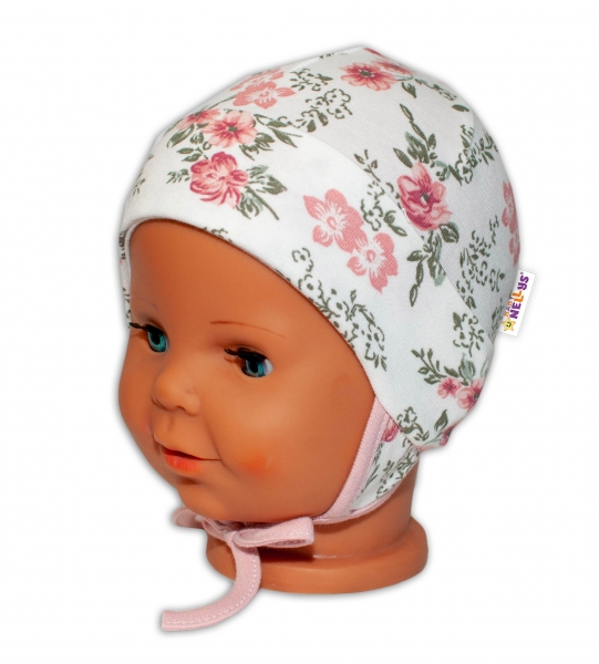 Baby Nellys Bavlněná čepička s oušky na zavazování - Růže, pudrová/ecru, vel. 62/68