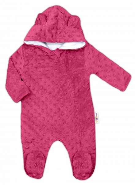 Baby Nellys Kombinézka/overálek MINKY s kapucí a oušky - sytě růžová, Velikost: 56 (1-2m)