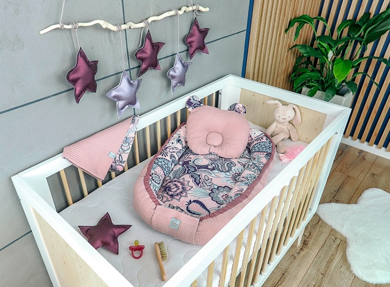 Baby Nellys Sada komplet oboustranné hnízdečko Vafel, 60 x 90 cm - Květy, starorůžová