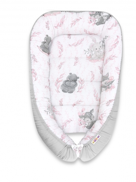 Baby Nellys Bavlněné oboustranné hnízdečko , 55x75cm, LULU natural - růžová, šedá