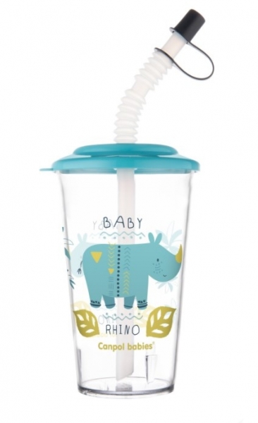 Canpol Babies Pohárek s uzavíratelnou slámkou, Rhino, modrá, 320 ml