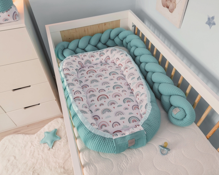 Baby Nellys Oboustranné hnízdečko, kokon Vafel, bavlna LUX, 60 x 90 cm - Duha, tyrkys