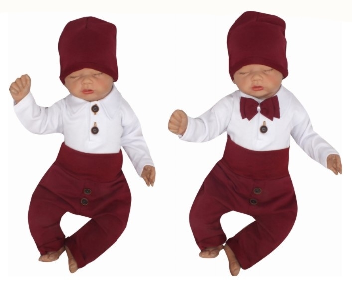 Z&Z 4-dílná soupravička body, tepláčky, čepička a motýlek, bílá/bordó
