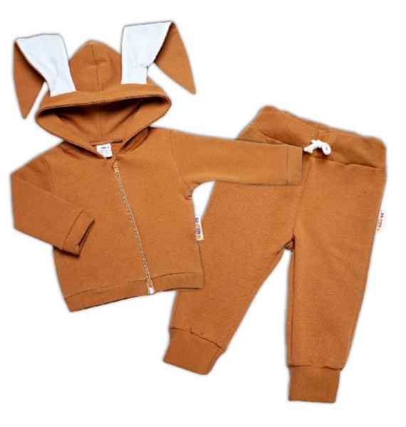BABY NELLYS Dětská tepláková souprava s kapucí a oušky, Cute Bunny -  karamelová, vel. 74