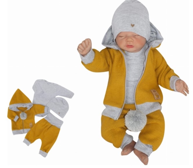Z&Z 4-dílná pletená soupravička, kabátek, tepláčky, čepička a body, hořčicová-šedá, vel.80