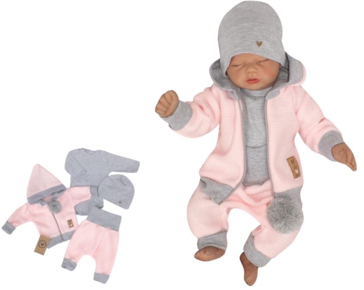 Z&Z 4-dílná pletená soupravička, kabátek, tepláčky, čepička a body, růžová-šedá