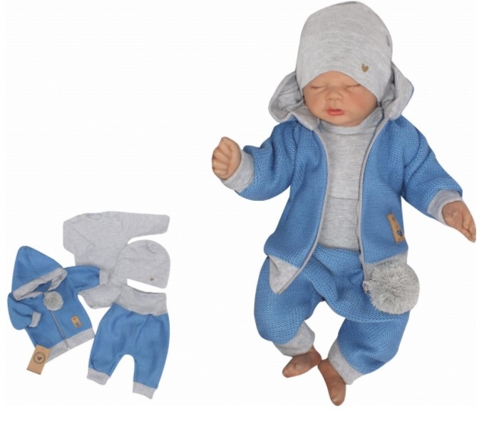 Z&Z 4-dílná pletená soupravička, kabátek, tepláčky, čepička a body, modrá-šedá, vel. 68