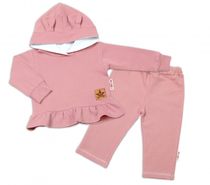 BABY NELLYS Dětská tepláková souprava s kapucí a oušky, pudrově růžová,starorůžová, vel.98