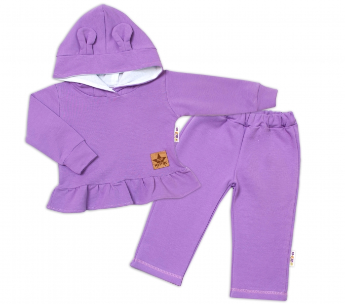 BABY NELLYS Dětská tepláková souprava s kapucí a oušky, lila, vel. 98