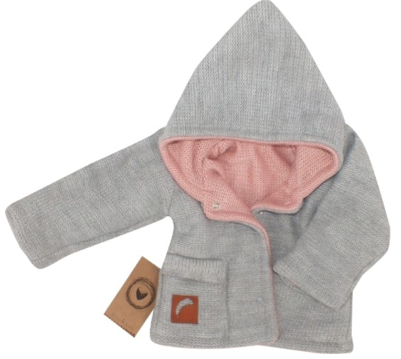 Z&Z Pletený, oboustranný svetřík, kabátek s kapucí, růžovo-šedý, vel. 74