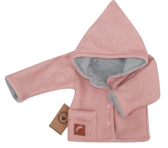 Z&Z Pletený, oboustranný svetřík, kabátek s kapucí, růžovo-šedý, vel. 86
