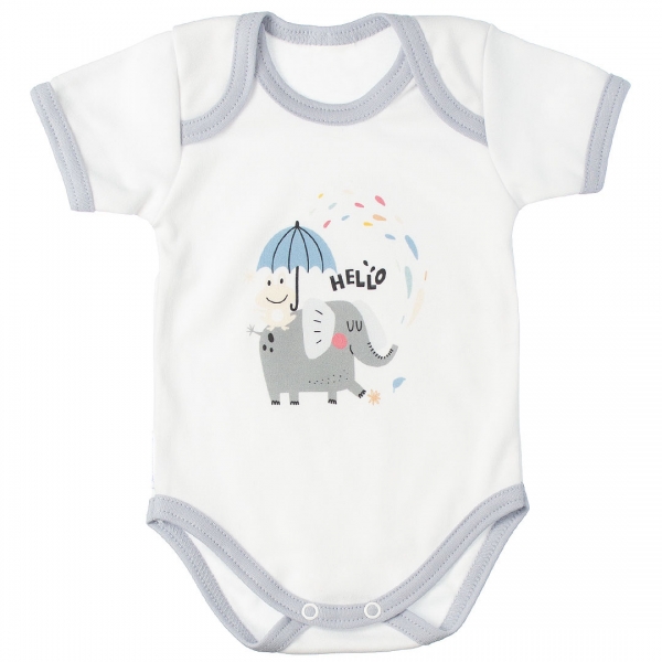 MBaby Bavlněné body s krátkým rukávem, Slůně Hello, bílo/šedé, vel. 86