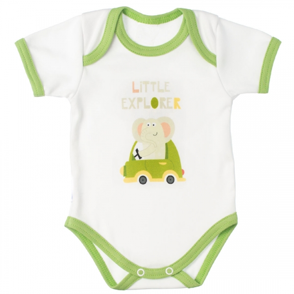 MBaby Bavlněné body s krátkým rukávem, Slůně Little Explorer, bílo/zelené, vel. 68