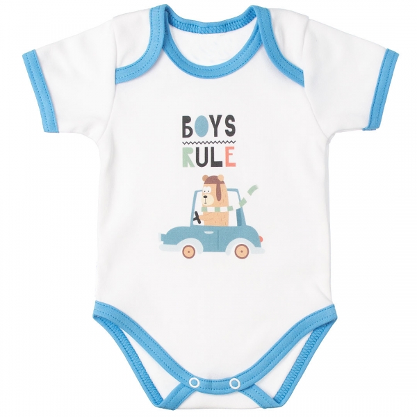 MBaby Bavlněné body s krátkým rukávem, Méďa Boys Rule, bílo/modré, Velikost: 56 (1-2m)