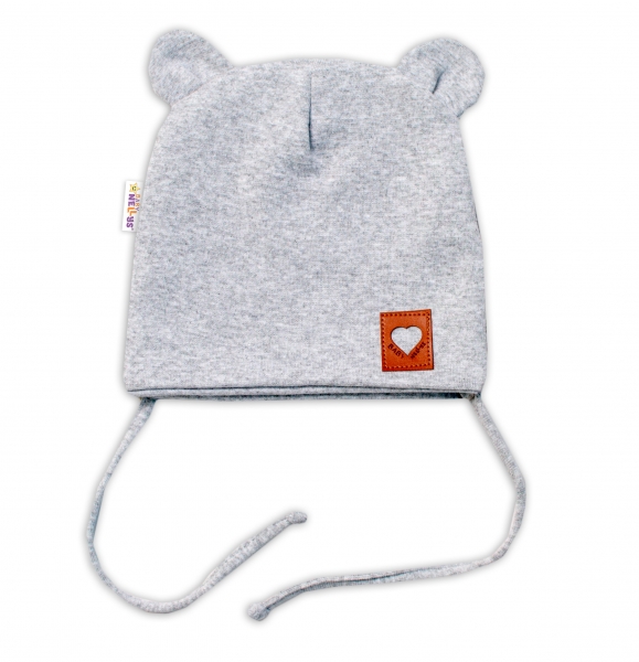 Baby Nellys Bavlněná dvouvrstvá čepice s oušky na zavazování TEDDY - šedý melírek