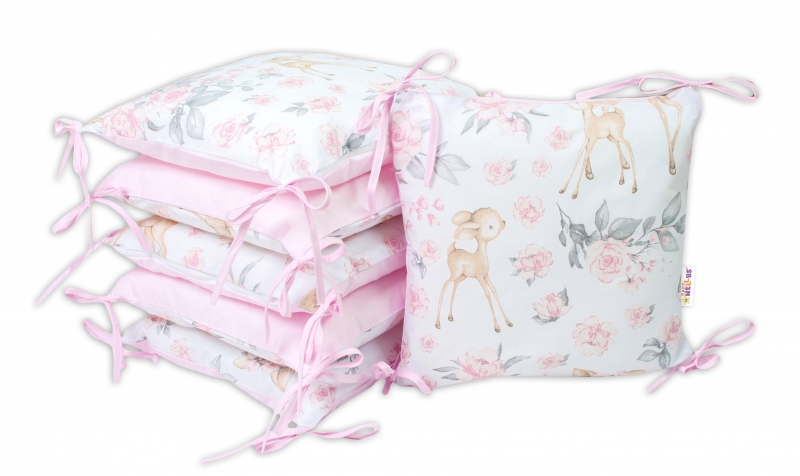 Baby Nellys Bavlněný polštářkový mantinel, Srnka a růže - růžová