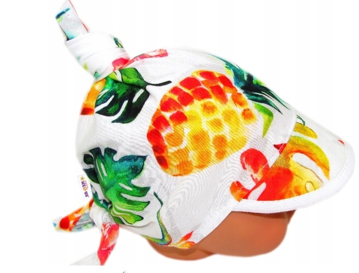 Baby Nellys Dětský bavlněný šátek s kšiltem na zavazování, Ananas, listy - bílý