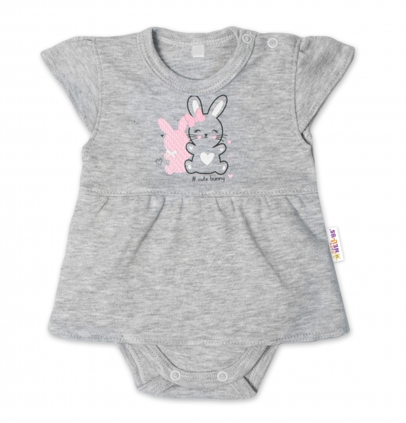 Baby Nellys Bavlněné kojenecké sukničkobody, kr. rukáv, Cute Bunny - šedé, vel. 80, Velikost: 80 (9-12m)