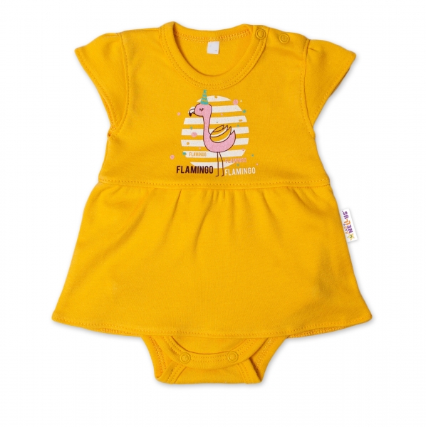 Baby Nellys Bavlněné kojenecké sukničkobody, kr. rukáv, Flamingo - hořčicové, Velikost: 56 (1-2m)