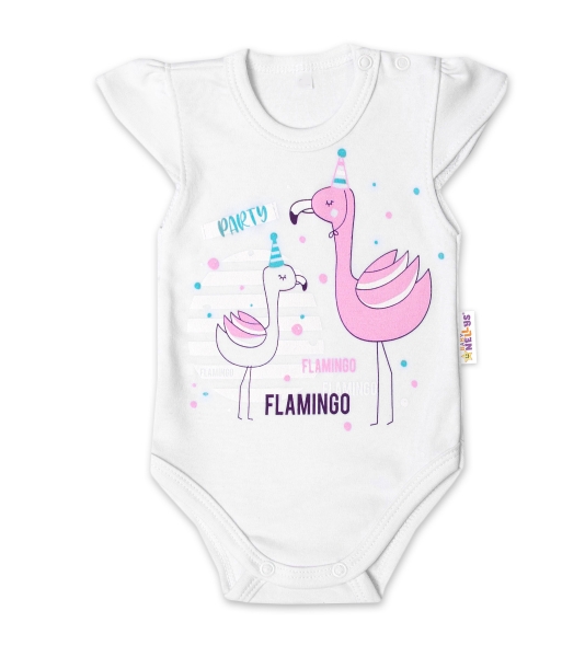 Baby Nellys Bavlněné kojenecké body, kr. rukáv, Flamingo - bílé, vel. 86