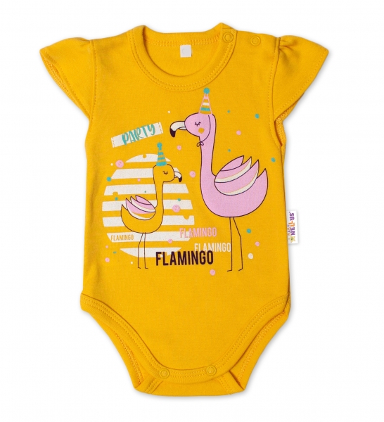 Baby Nellys Bavlněné kojenecké body, kr. rukáv, Flamingo - hořčicové, vel. 62, Velikost: 62 (2-3m)