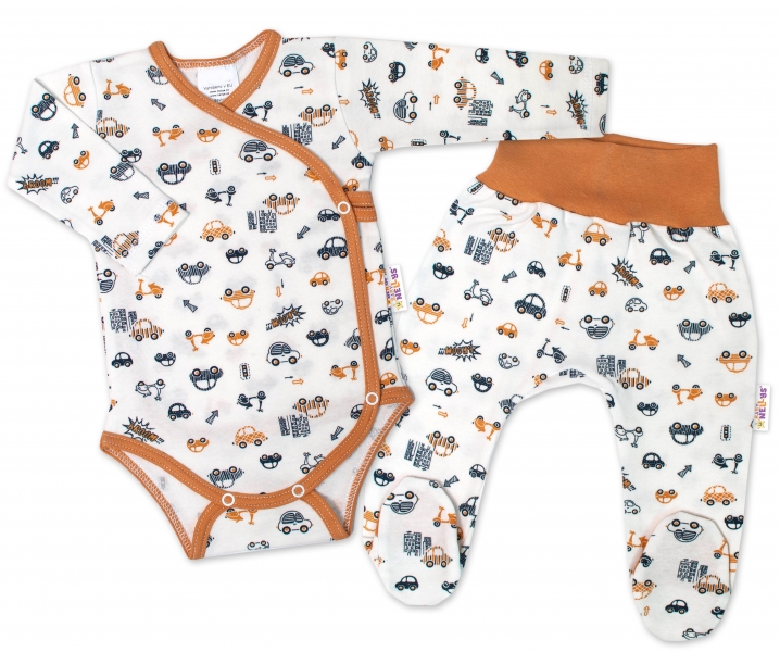 Baby Nellys 2-dílná sada, body dl.rukáv zap. bokem + polodupačky Car, smetanová, vel. 56