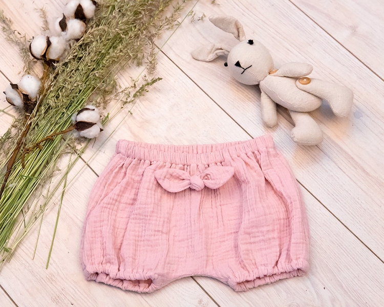 Baby Nellys Mušelínové letní kraťasky GIRL s mašličkou - pudrově růžová, vel. 68/74