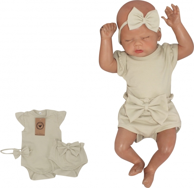 Z&Z 3-dílná sada body, kraťásky, čelenka s mašlí - olivová, vel. 68, Velikost: 68 (3-6m)