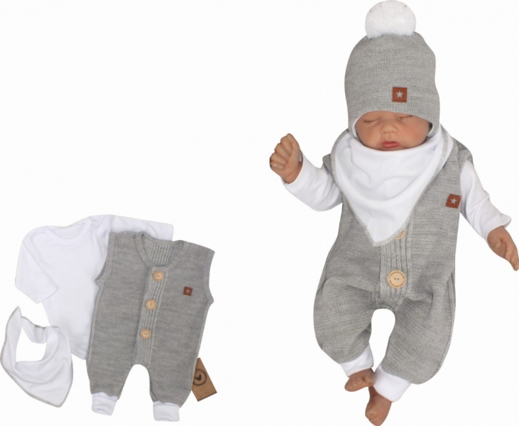 Z&Z 3-dílná soupravička body, dupačky s knoflíčky a šátek, bílá/šedá, vel. 62