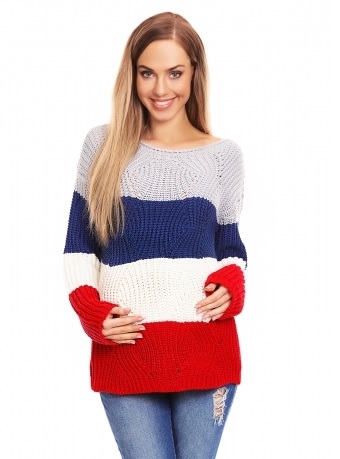 Be MaaMaa Teploučký těhotenský svetr, široké pruhy - jeans, červená, Velikost: UNI