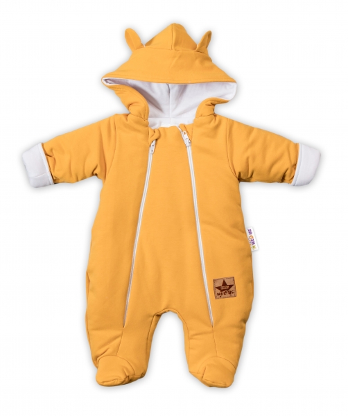 Baby Nellys Kombinézka s dvojitým zapínáním, s kapucí a oušky - hořčicová, vel. 80