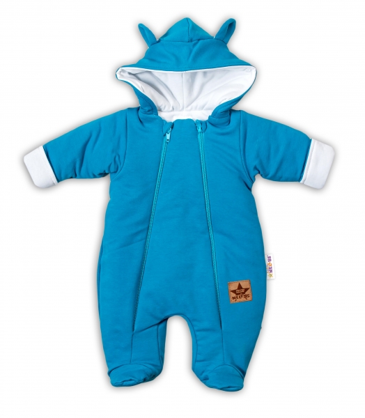 Baby Nellys Kombinézka s dvojitým zapínáním, s kapucí a oušky TEDDY - tyrkysová, Velikost: 56 (1-2m)