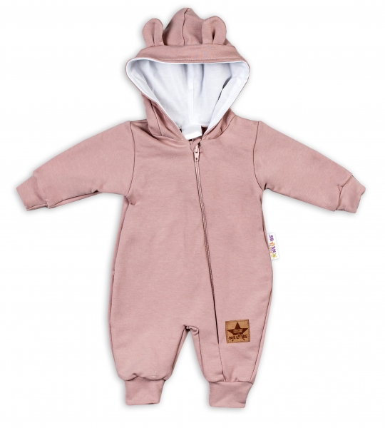 Baby Nellys Teplákový overal s kapucí Teddy - pudrová, vel. 86