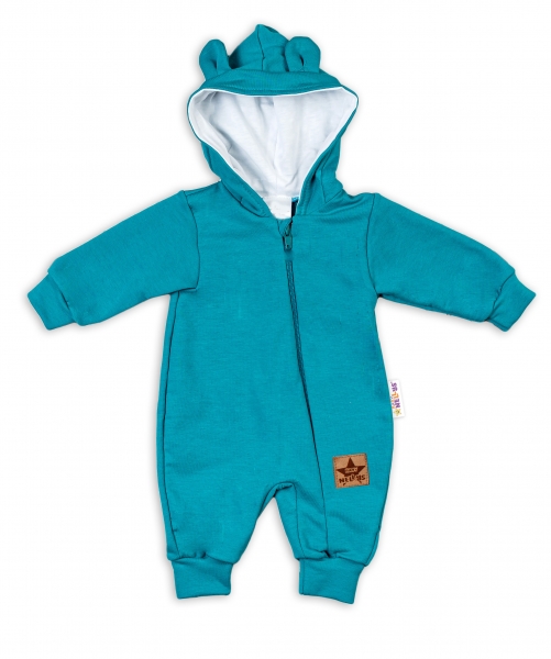 Baby Nellys Teplákový overal s kapucí Teddy - tyrkysový, vel. 74