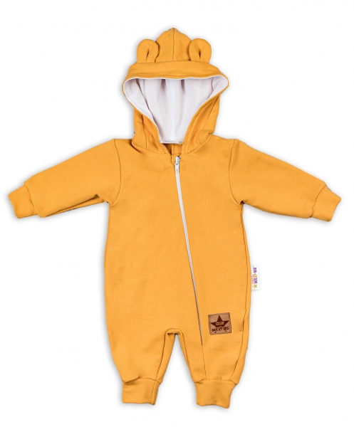 Baby Nellys Teplákový overal s kapucí Teddy - hořčicový, vel. 74