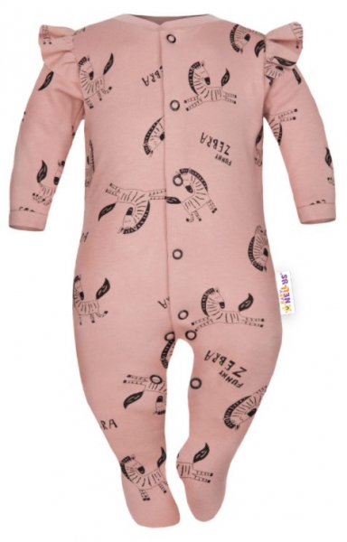 Baby Nellys Overálek Funny Zebra s volánkem, zapínání uprostřed, pudrový, vel. 74