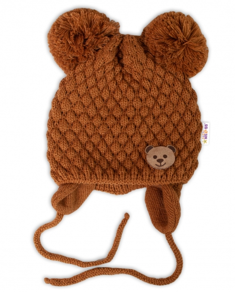 BABY NELLYS Zimní pletená čepice Teddy Bear na zavazování, hnědá, 68/80, (6-12m), Velikost: 68-80 (6-12m)