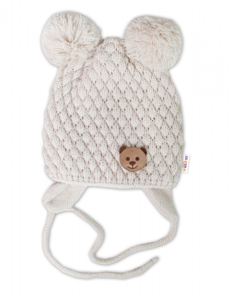 BABY NELLYS Zimní pletená čepice Teddy Bear na zavazování, ecru, 68/80, (6-12m), Velikost: 68-80 (6-12m)