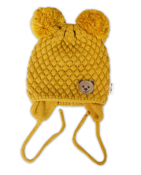 BABY NELLYS Zimní pletená čepice Teddy Bear na zavazování, hořčicová, 68/80, (6-12m)