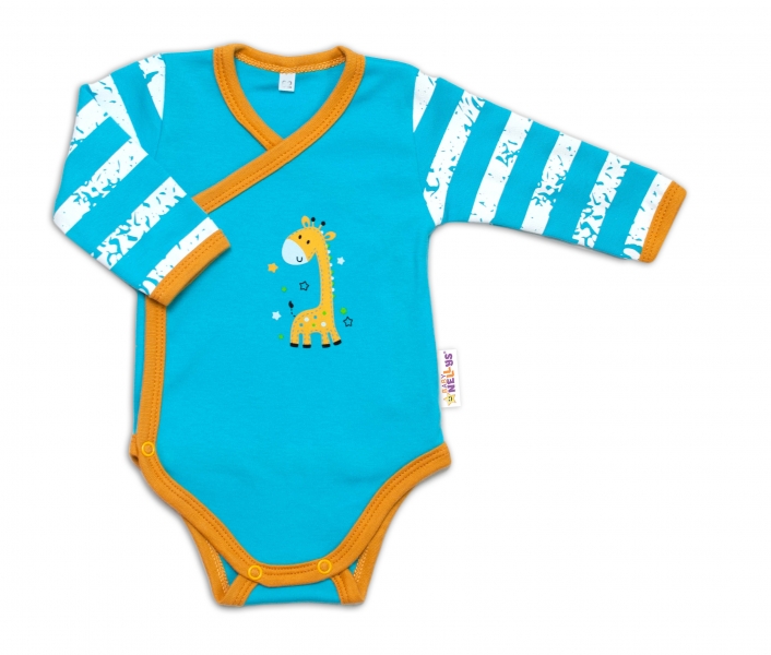 Baby Nellys Kojenecké body, dl. rukáv, zap. bokem Giraffe, tyrkysové