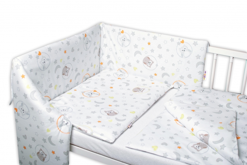 Baby Nellys 3-dílná sada, mantinel s povlečením Sovičky - bílá