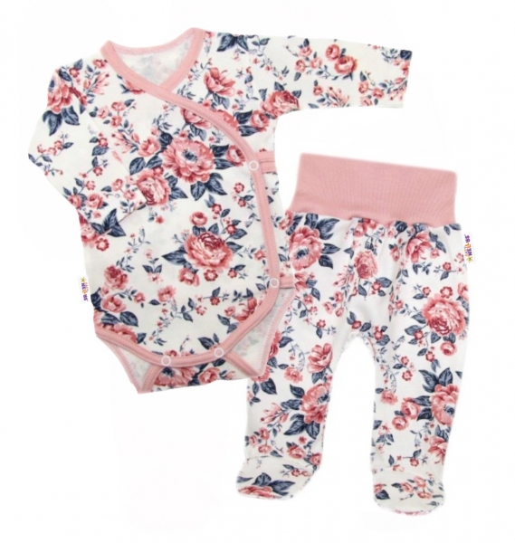 Baby Nellys 2-dílná sada, body dl.rukáv zap. bokem + polodupačky Anglická Růže, vel. 62