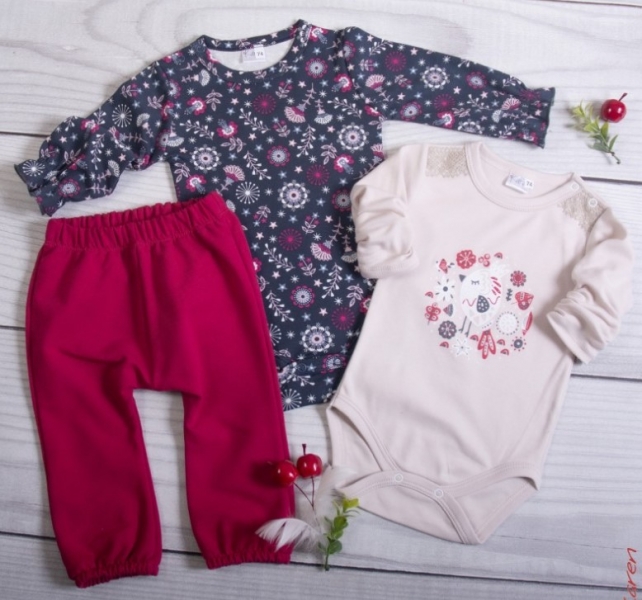 K-Baby 3-dílná sada - 2x body dl. rukáv, tepláčky - Folklór, malina, granát, ecru, vel. 86, Velikost: 86 (12-18m)