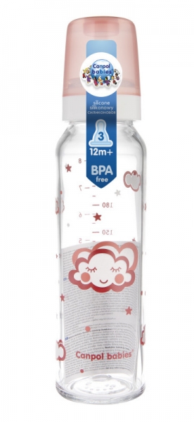Canpol Babies Skleněná lahvička 240 ml Mráček - růžová