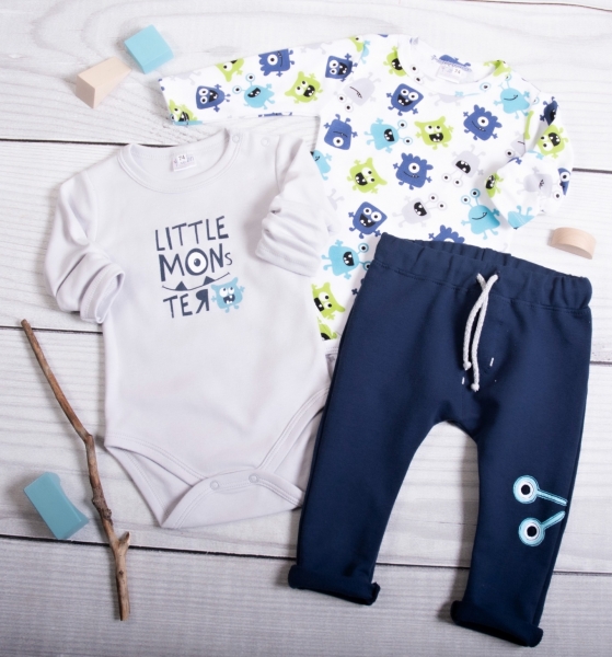 K-Baby 3-dílná sada, 2x body dlouhý rukáv, tepláčky - Little Monster, modrá/bílá, vel. 86, Velikost: 86 (12-18m)