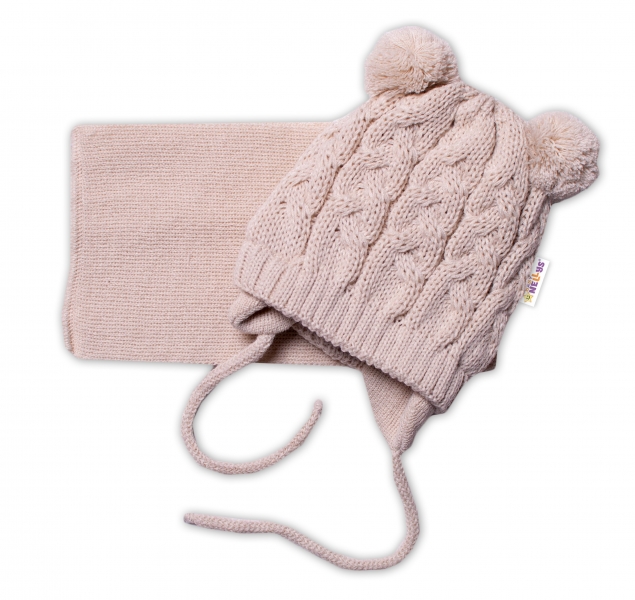BABY NELLYS Zimní pletená kojenecká čepička s šálou TEDDY - béžová s bambulkami, vel.62/68, Velikost: 62-68 (3-6m)