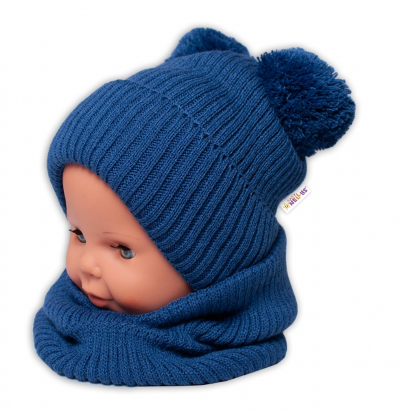 BABY NELLYS Zimní pletená čepice + nákrčník - granát s bambulkami, Velikost: 92-98 (18-36m)