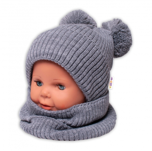 BABY NELLYS Zimní pletená čepice + nákrčník - šedá s bambulkami, Velikost: 92-98 (18-36m)