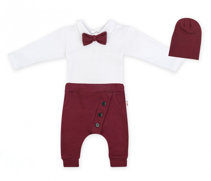 Baby Nellys 3-dílná sada Hubert, body s motýlkem, tepláčky a čepička - bordo, vel. 86