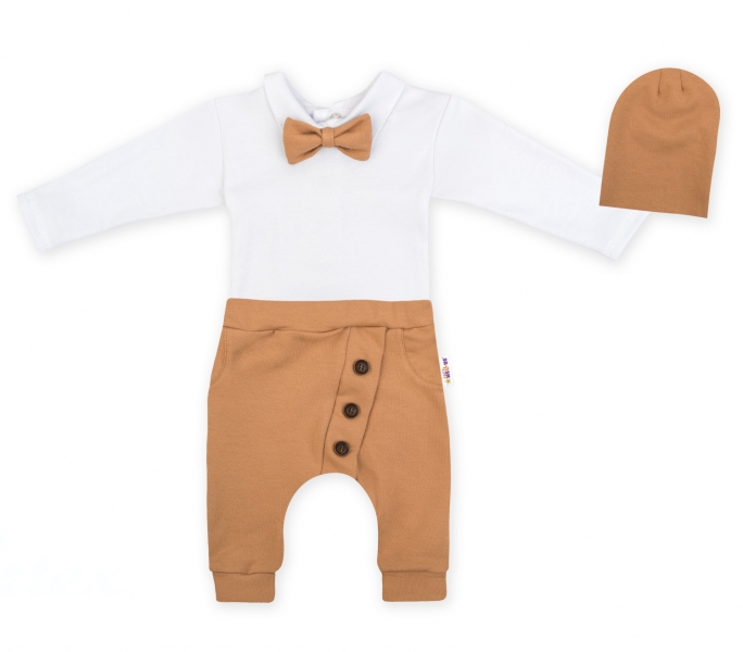Baby Nellys 3-dílná sada Hubert, body s motýlkem, tepláčky a čepička - hnědá, vel. 74